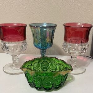 Vintage BlueCarnival Glass, Red Thumbprint Goblets & Candy Dish
